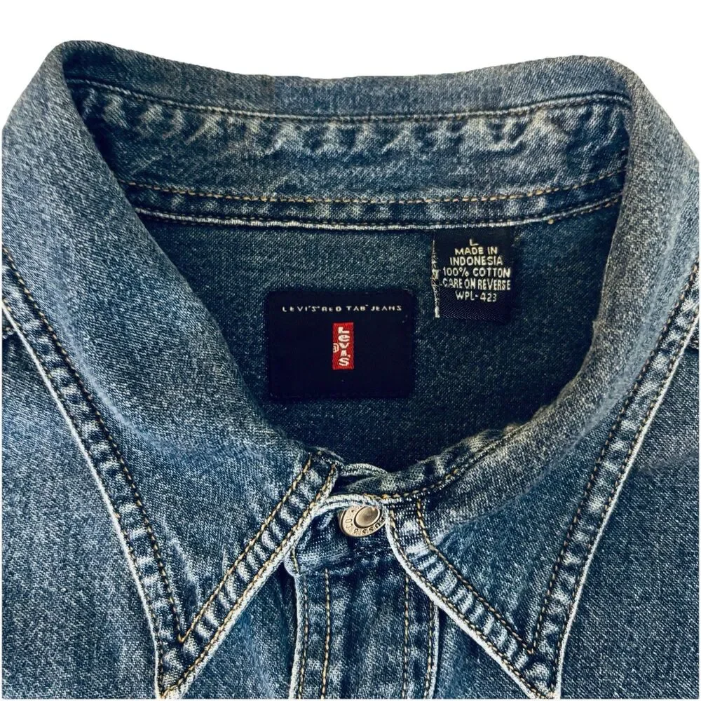 Vintage Levis Red Tab Jeans Shirt Mens L Blue Denim Long Sleeve Button Down